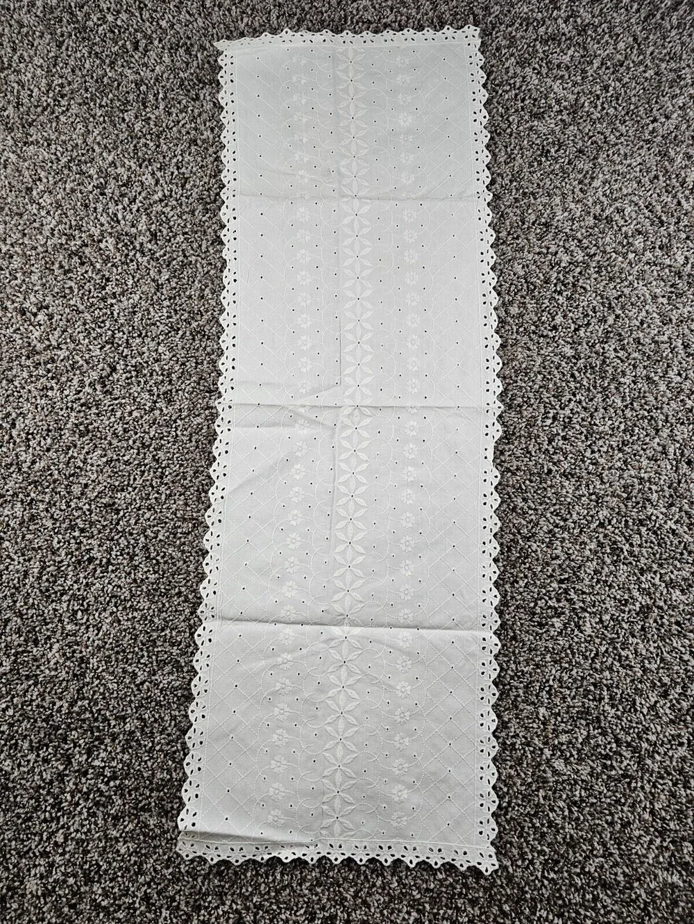 Vintage white cotton table runner featuring intricate eyelet lace embroidery 37
